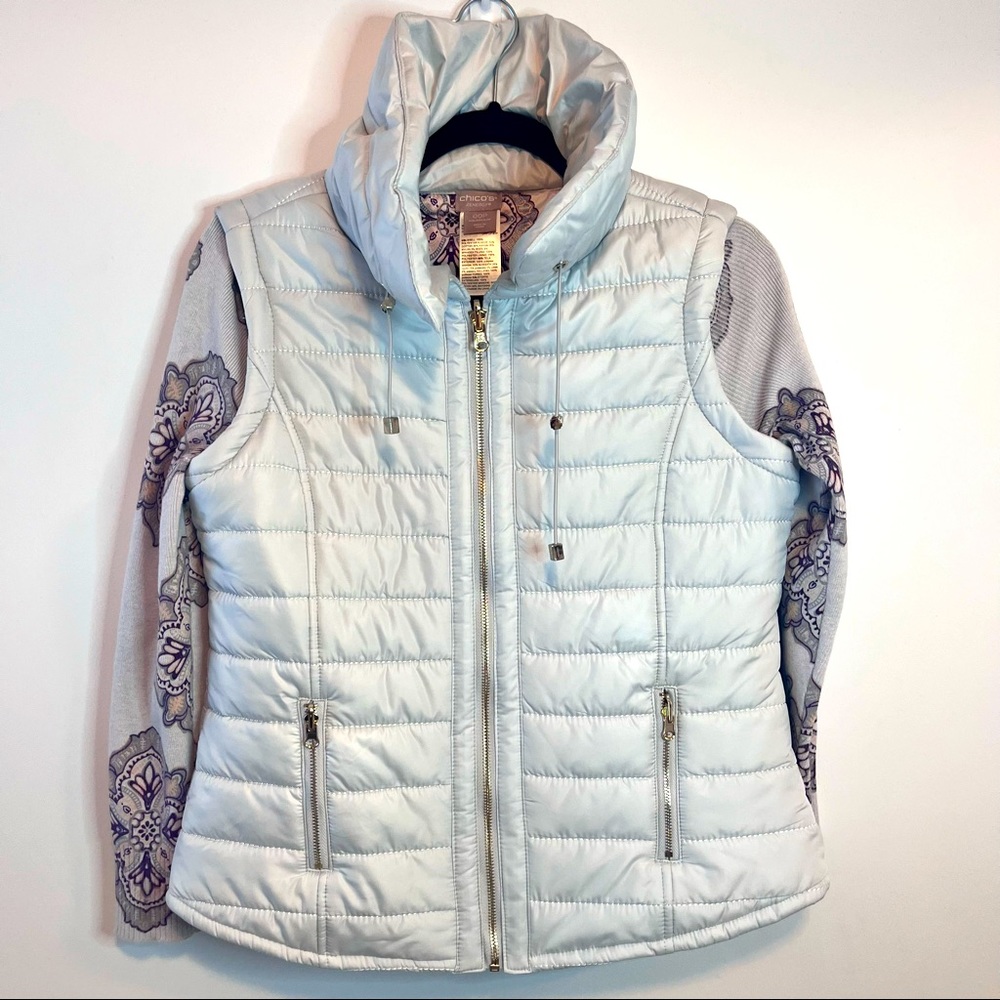Chico’s Zenergy Convertible Puffer Jacket Paisley Print Reversible Multi Wear